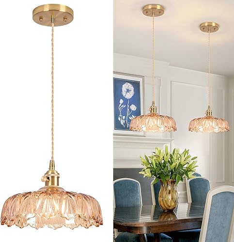 Miniatura 27 de Luces Colgantes para Isla de Cocina, Luz Colgante de Cristal Verde Accesorios de Iluminación Vintage, 9.4 pulgadas E26 Acabado Lámpara Colgante de