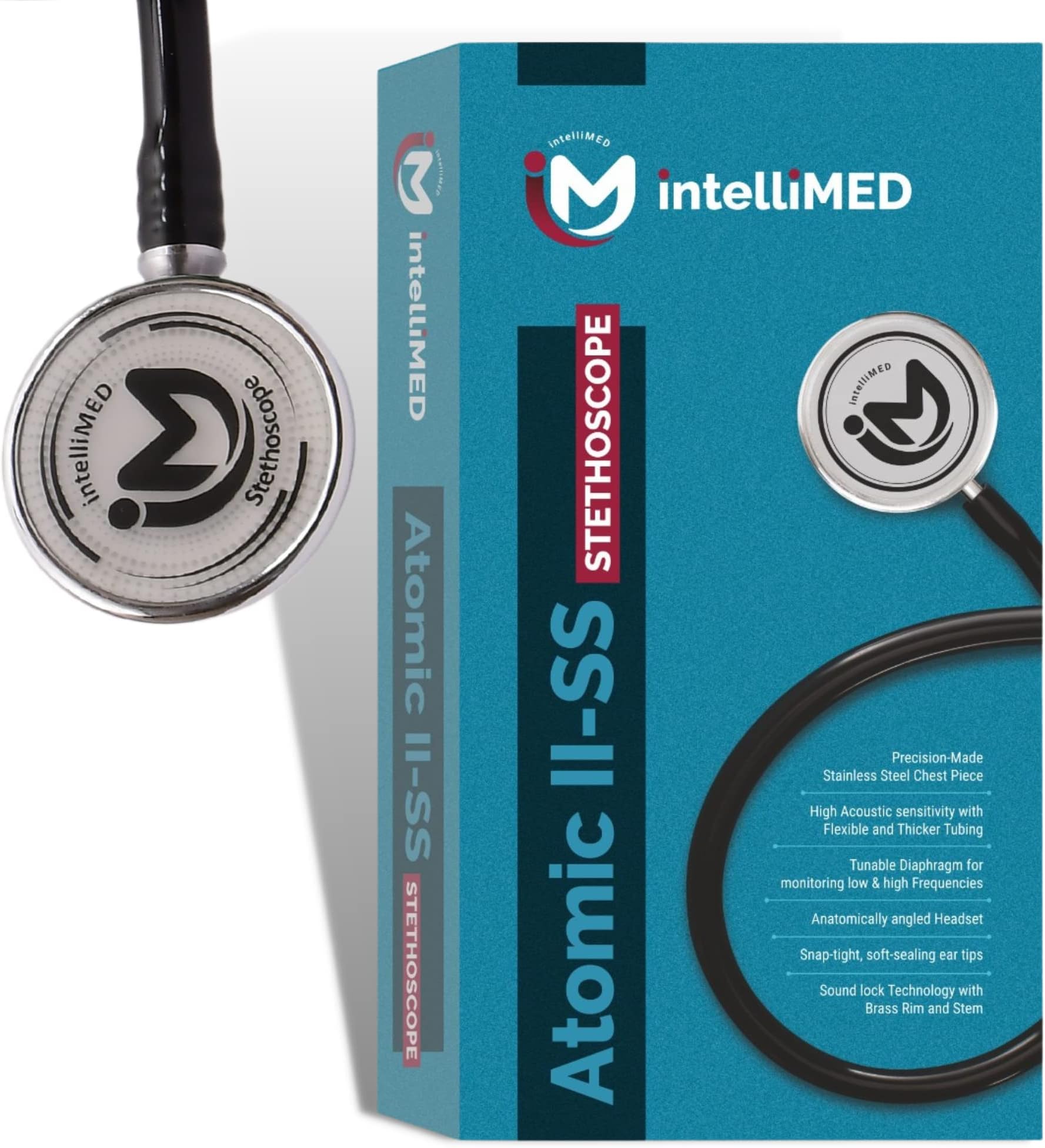 intelliMED Atomic II-SS Stethoscope, 5 Year Warranty, Stainless steel stethoscope with refined acoustic clarity, sensitivity and sound transmission, stethoscope for doctors and medical students (Black)