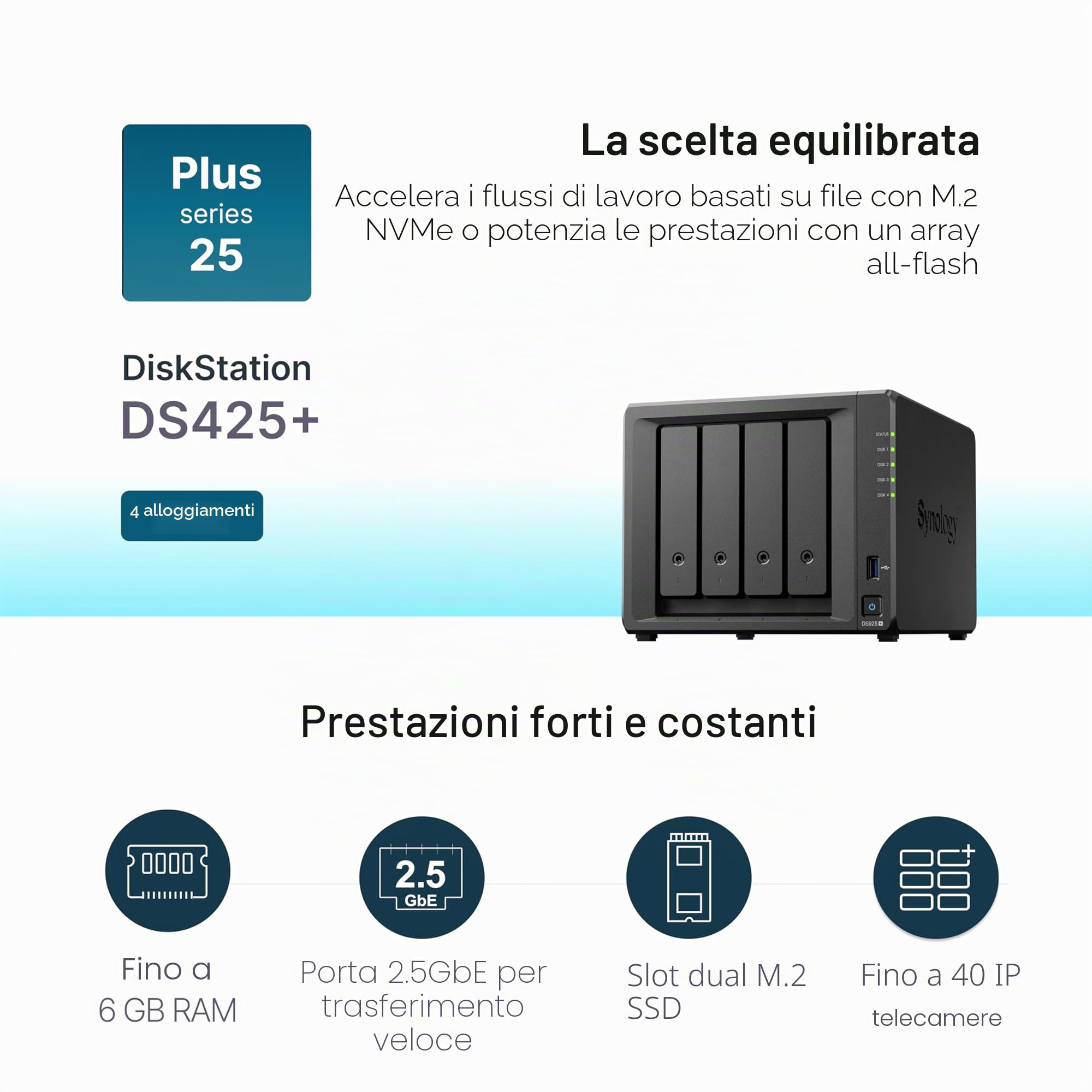 DS425+ 4-Bay Synology NAS – 3 anni di garanzia, soluzione di archiviazione compatta con porta integrata da 2,5 GbE