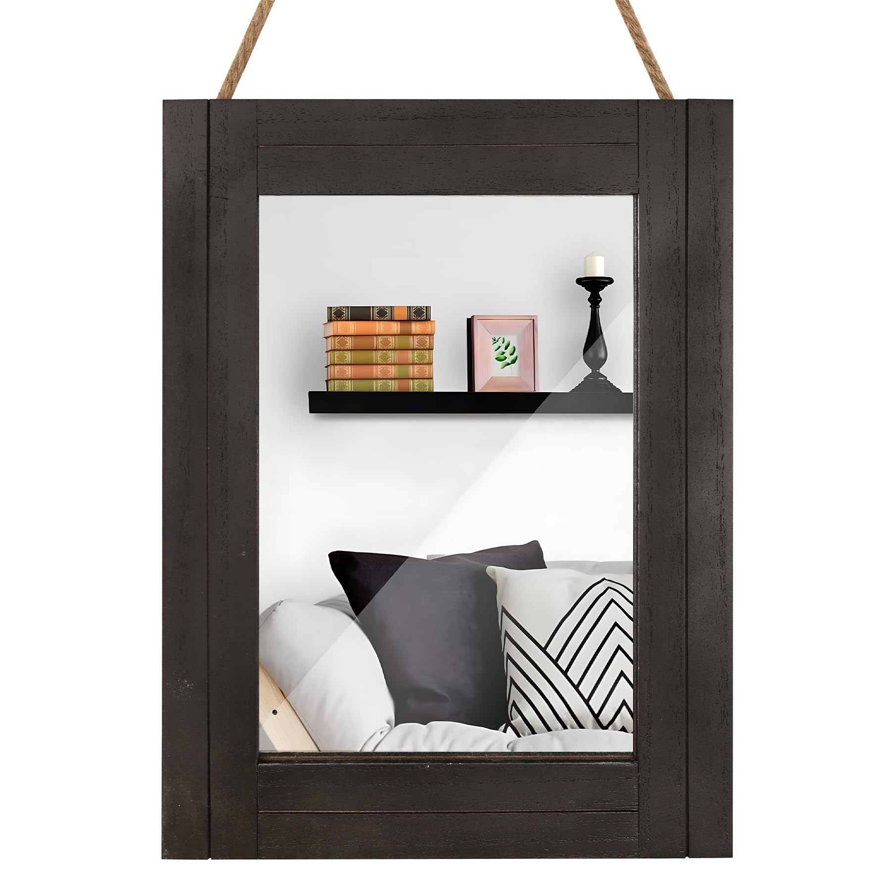DECORKEY Rectangle Wall Mirror for Bathroom Distressed White Wood Decor with Hanging Rope for Rustic Home Decor Vanity