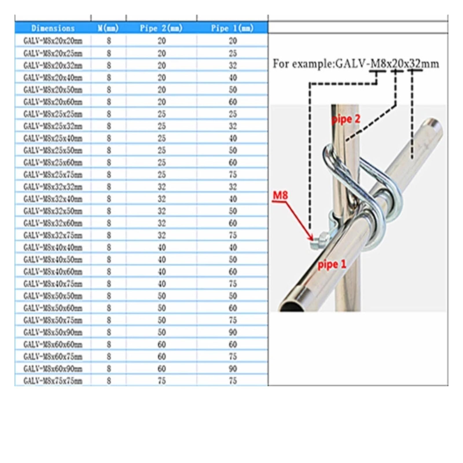 Morsetto a croce per tubi, Morsetto for Tubo Trasversale Con Doppio Bullone A Forma Di U M8 In Acciaio Al Carbonio Zincato, Dimensioni Multiple(32x32mm)