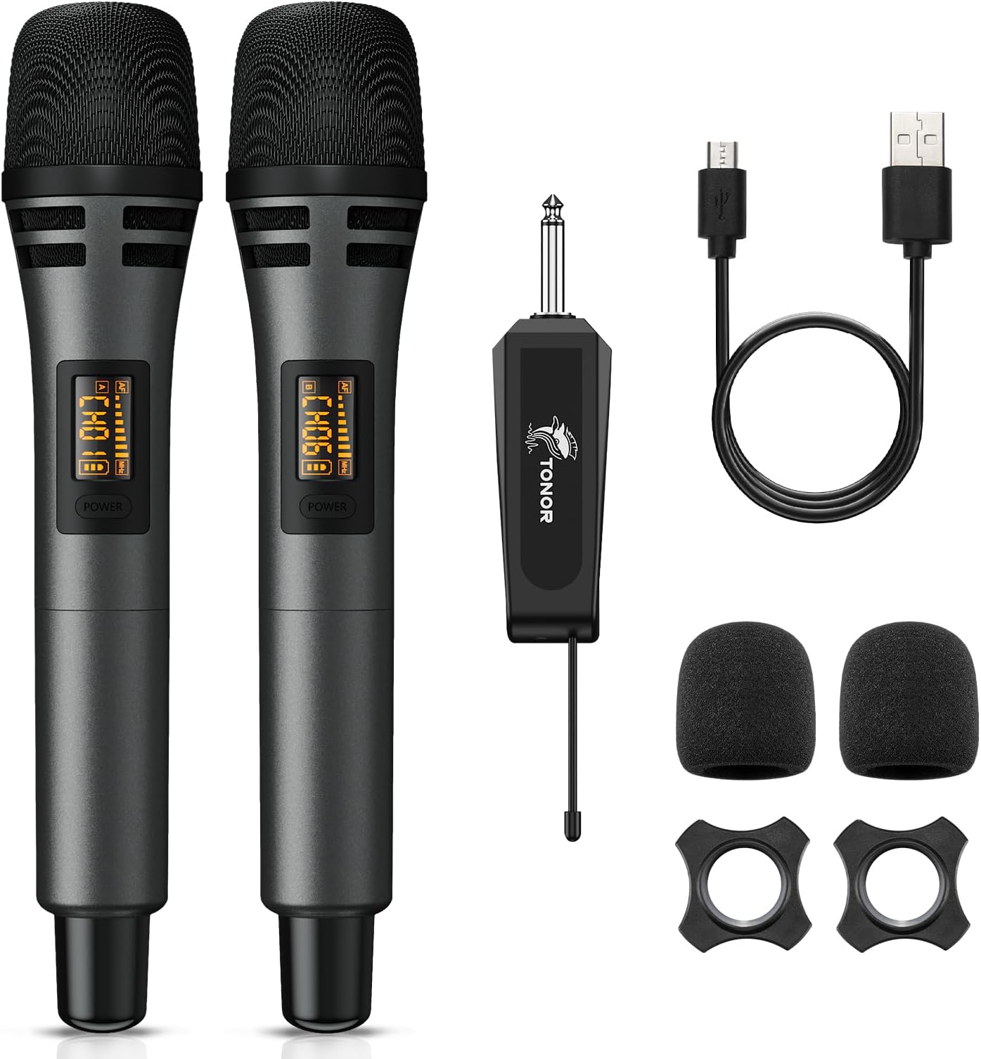 Wireless Microphones, UHF Cordless Handheld Dynamic Mics with 6.35mm Rechargeable Receiver, 60 m Range, 2 * 5 Adjustable Channels for Karaoke, Singing, DJ, Party, Speech, TW320, 2 Mics Grey