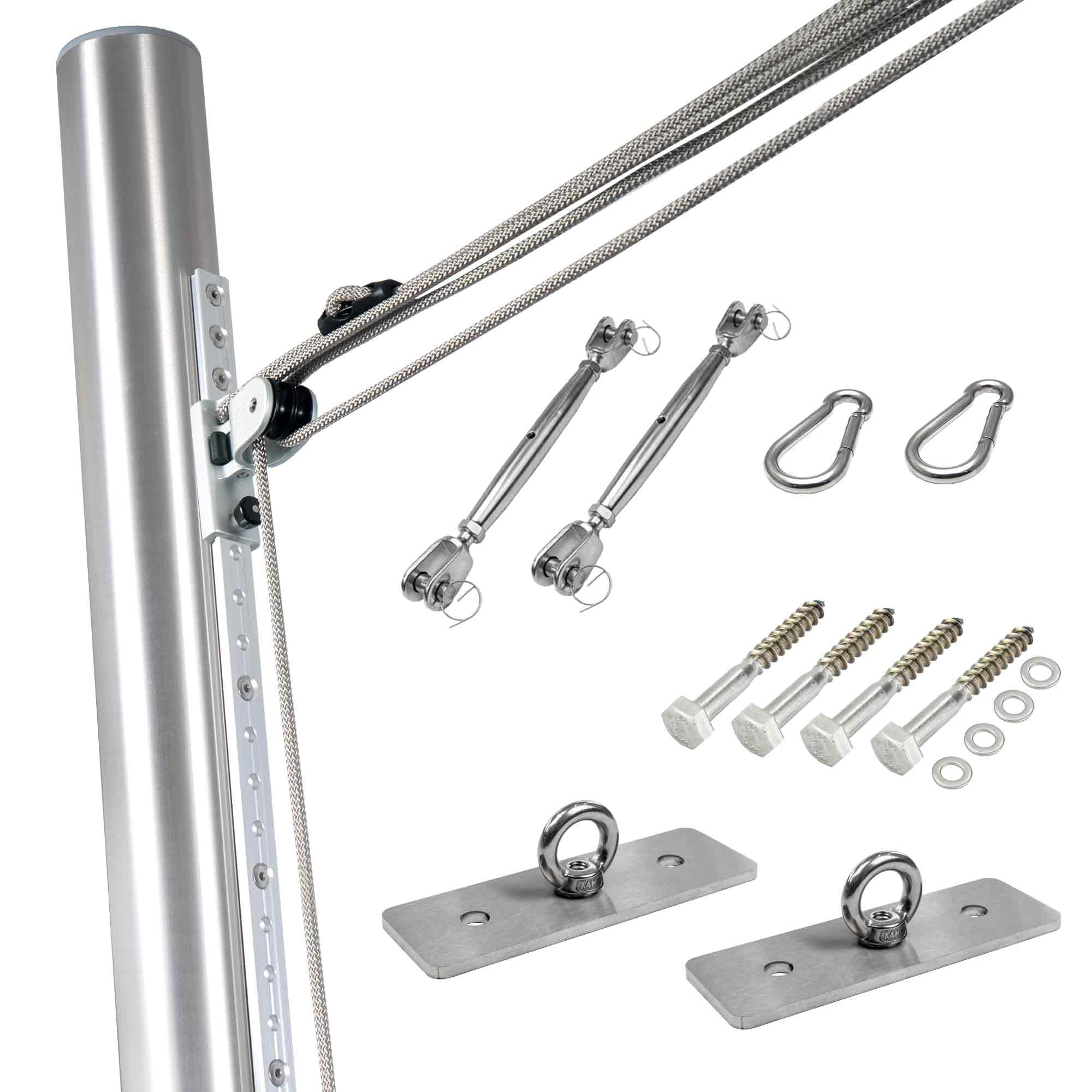 Befestigungs-Set für dreieckige Sonnensegel | 2 Wandhalter & 1 Mast höhenverstellbar - (2X Wantenspanner/Karabiner, In Holz - 2X Wandhalter/Schrauben)