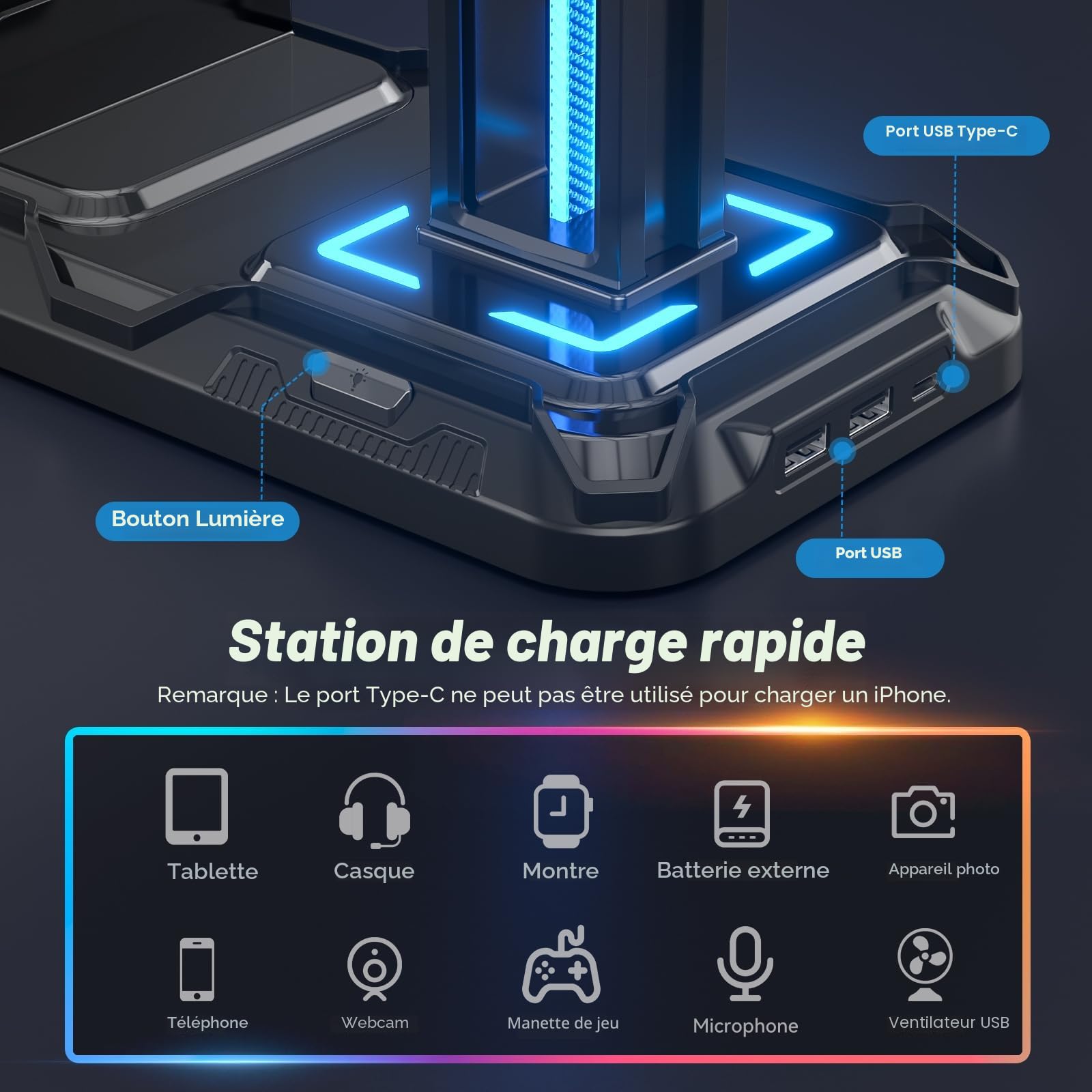 KDD Support Casque Bureau avec Support Téléphone - Support Manette Détachable avec 9 Modes d'éclairage, Repose Casque Gaming avec Ports de Charge USB, Porte Casque Rotatif pour PC Gaming Accessoire