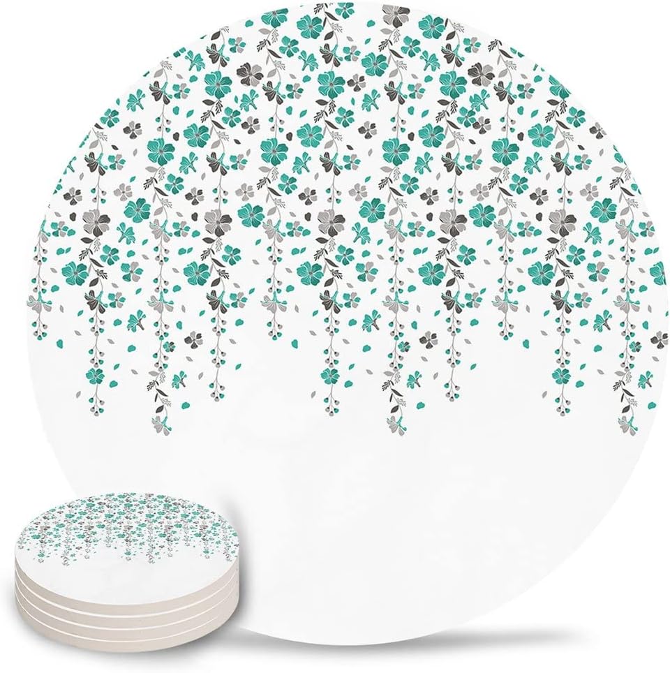 Teal Grey Floral Ceramic Coasters Absorbent Tableware Mat Home Coffee Dining Table Decoration Placemat Gift