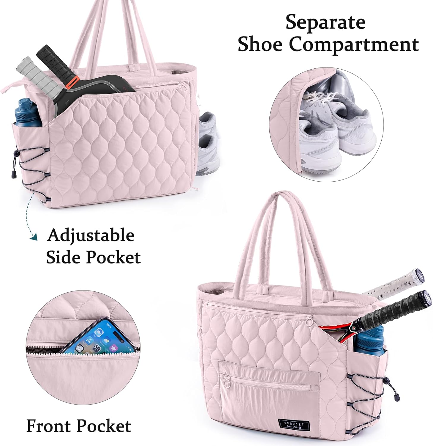 Tennis Gym Bag for Women, Tennis Bag Holds 2-4 Rackets with Shoe Compartment & Wet Pocket, Sports Duffle Bags fits up to 15.6" Laptop, Quilted Travel Overnight Weekend Bag, Tennis Gift