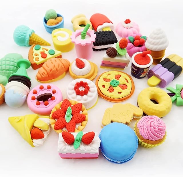 30 Pack Food Erasers, Assorted Food Pencil Erasers Toy Set, Pencil Erasers, Cake Dessert Fruit Puzzle Erasers Toys for Kids Reward Party Favors