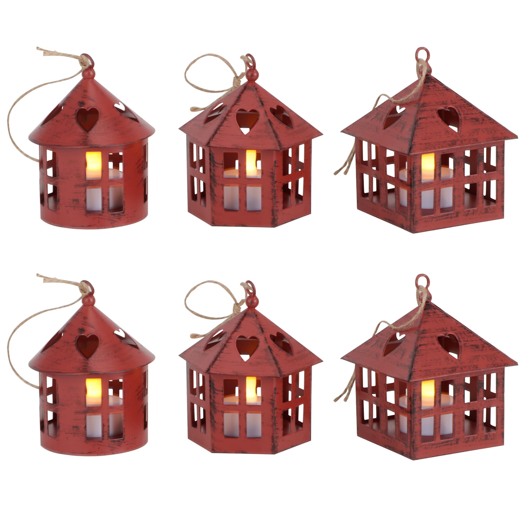 TRIROCKS 6 Pcs Metal Decorative Hanging Candle Lanterns 10cm High Small Lanterns for Tealight Candle, Candle Tea Light Holders for Tables Wedding Party Indoor Outdoor Gifts (Wine Red Brushed Black)