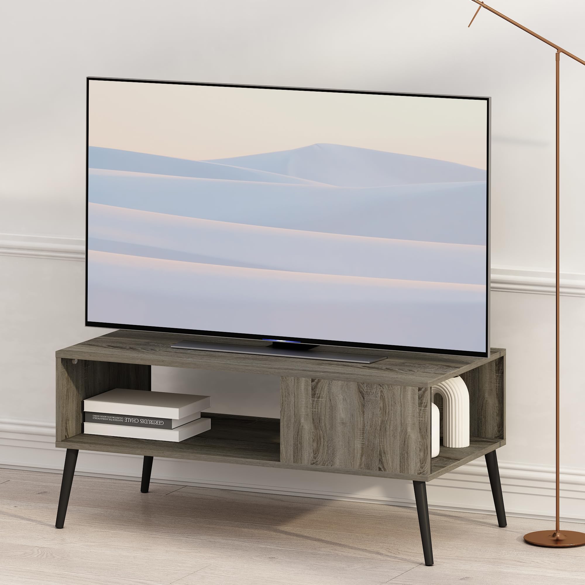 Furinno Claude TV Stand, Mid Century Style Entertainment Center, TV Console for TV up to 40 Inch with Wood Legs, for Living Room, Bedroom, French Oak