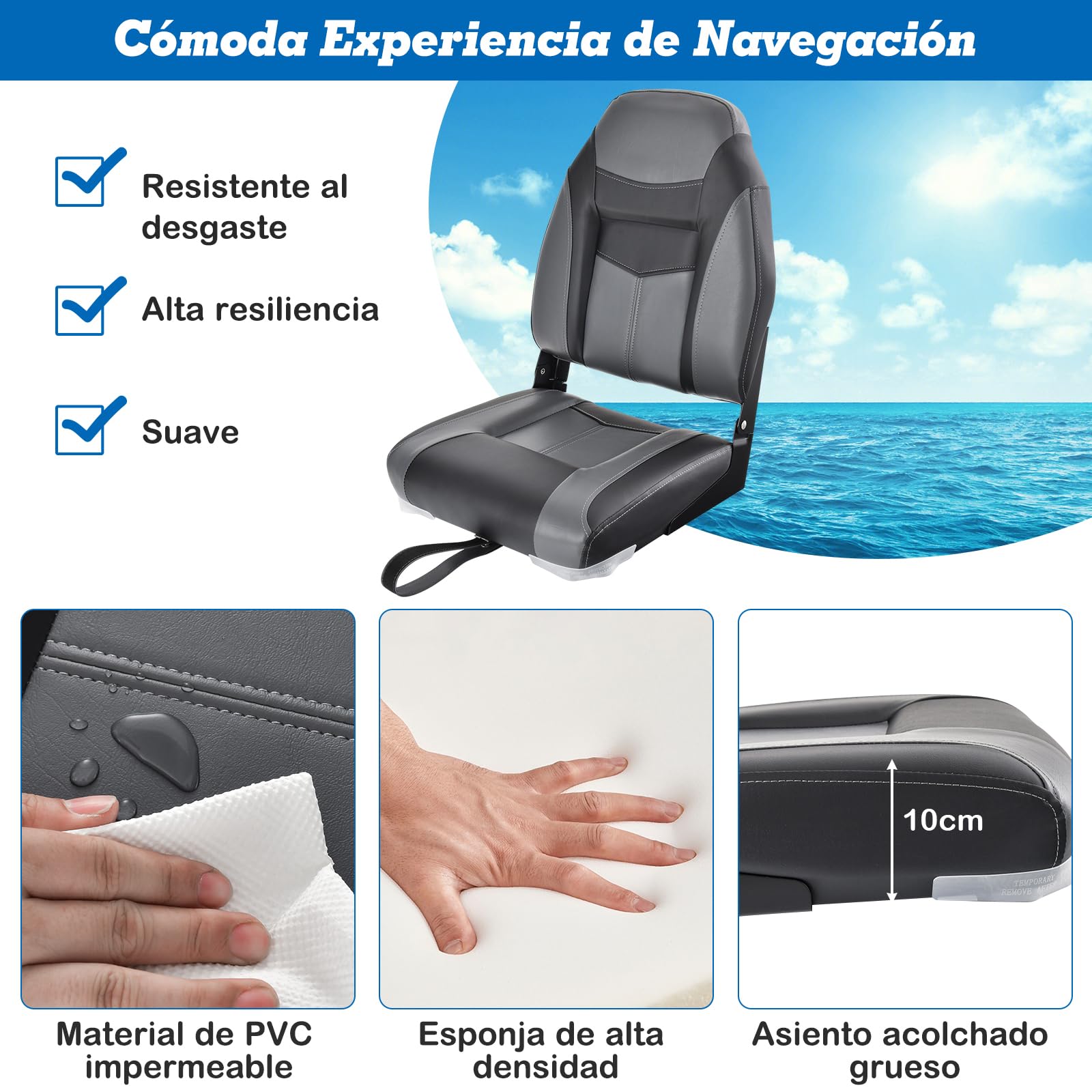 COSTWAY Asiento de Barco Plegable con Respaldo Alto, Asientos Barco con Cojín Acolchado Suave, Asiento de Capitán Plegable y Ergonómico, 42 x 50 x 51 cm(negro, 2)