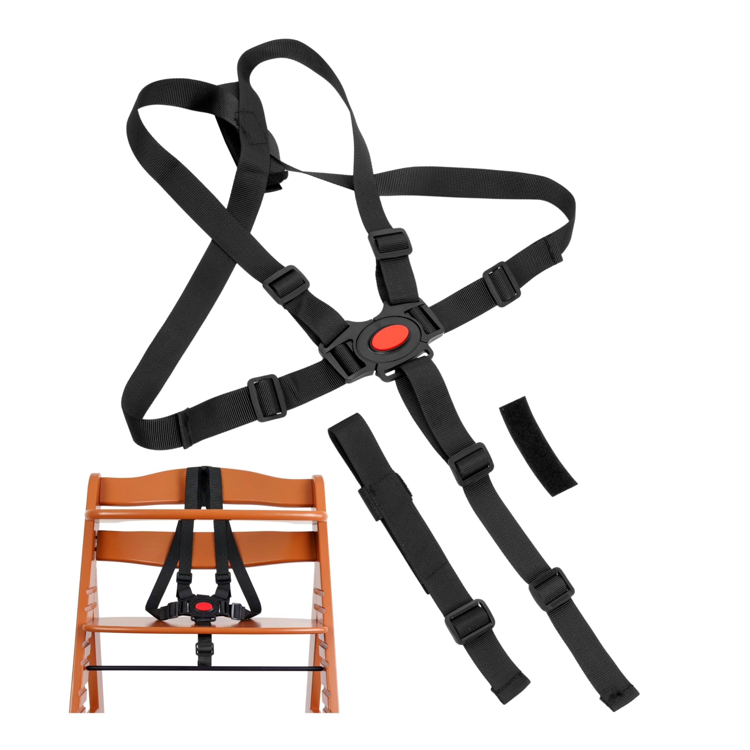 Sistema di imbracatura a 5 punti per seggiolone, 1 set, compatibile con Hauck Alpha Beta, Stokke Tripp Trapp, Roba e molti altri, in nero, con cinghia inguinale