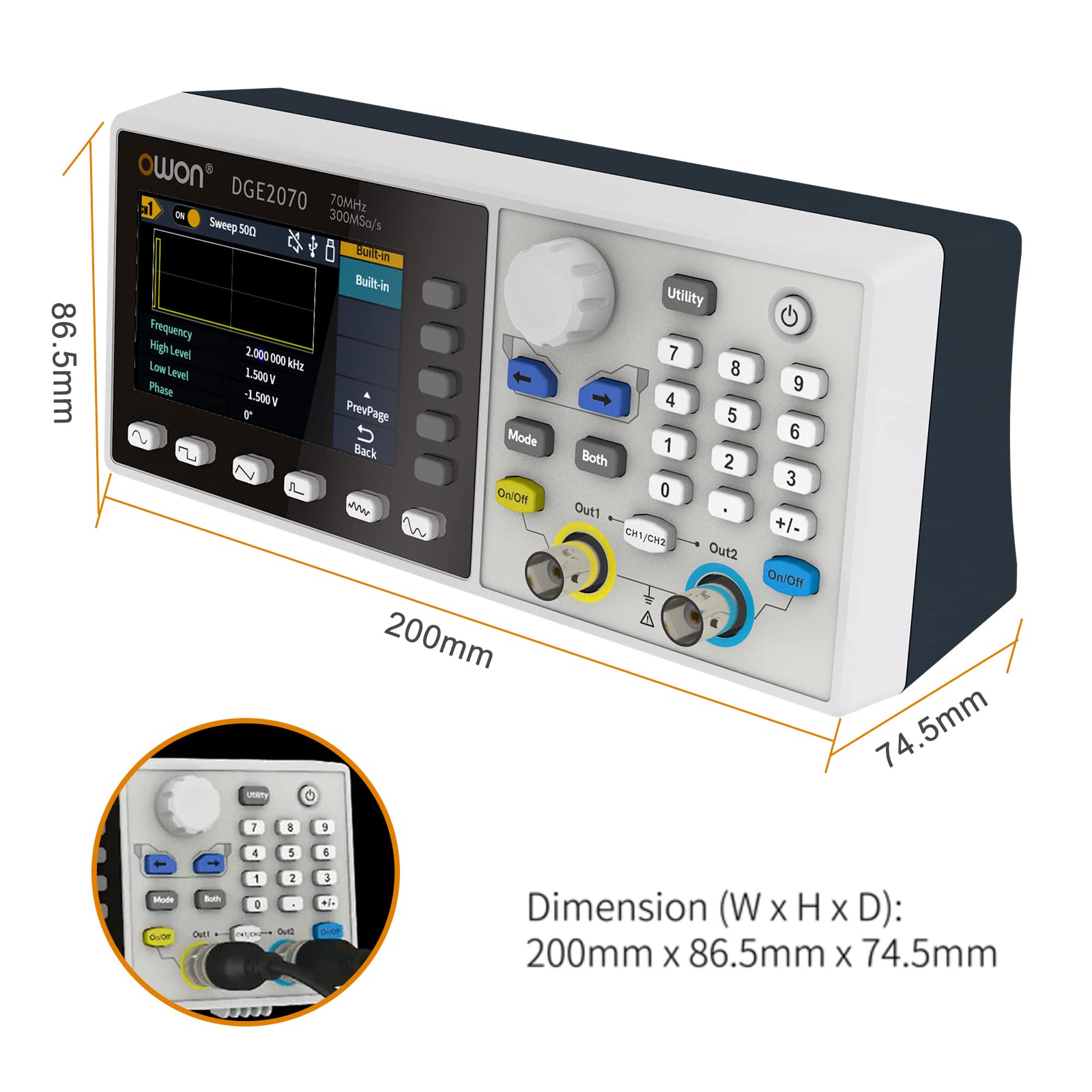 DGE2070 Digital Oszilloskop 300MSa/s 14Bits 70MHz willkürliche Wellenform Generator 3.6"inch AWG Maschine