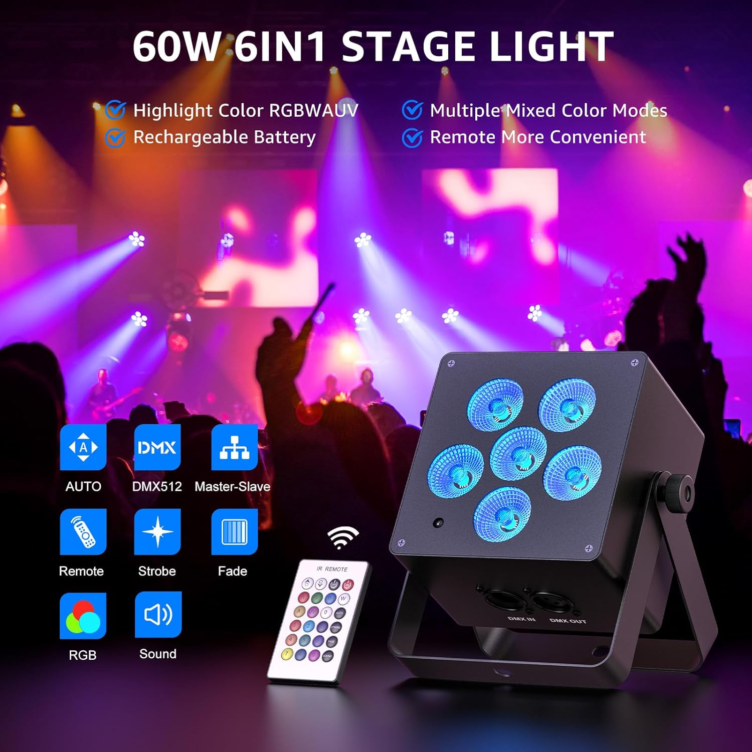 Battery Powered Stage Lights, LED Par Lights RGBWA+UV 60W, Rechargeable Par Can Light with 5500mAh Battery, Remote DMX Sound Activated Uplights for Events, Party, Wedding, Concert - 1Pc