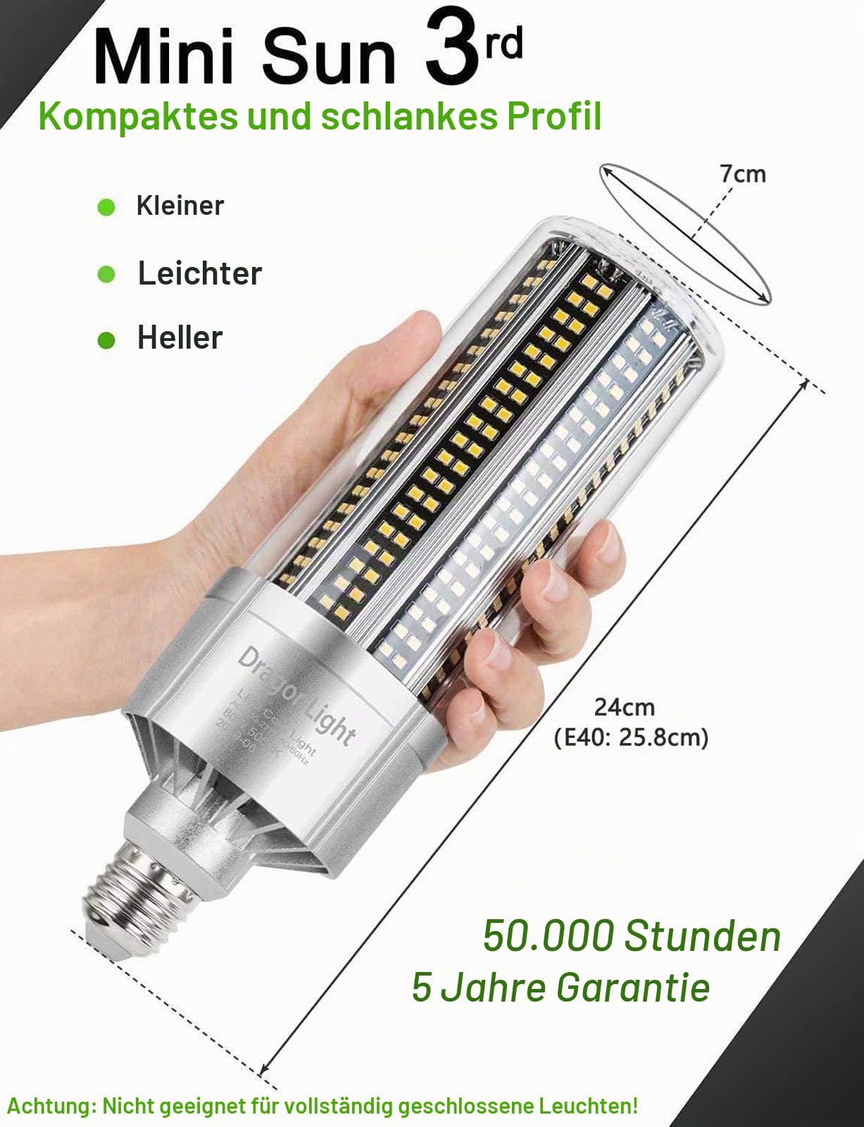 DragonLight 120W Superhelle Mais Licht LED Glühbirne(Ersetzt 800Watt) - E27 LED Lampe mit E40 Adapter - 5000K Kaltweiß 14400 Lumens für Großes Gebiet Beleuchtung - Garage Lagerhaus Werkstatt Hof