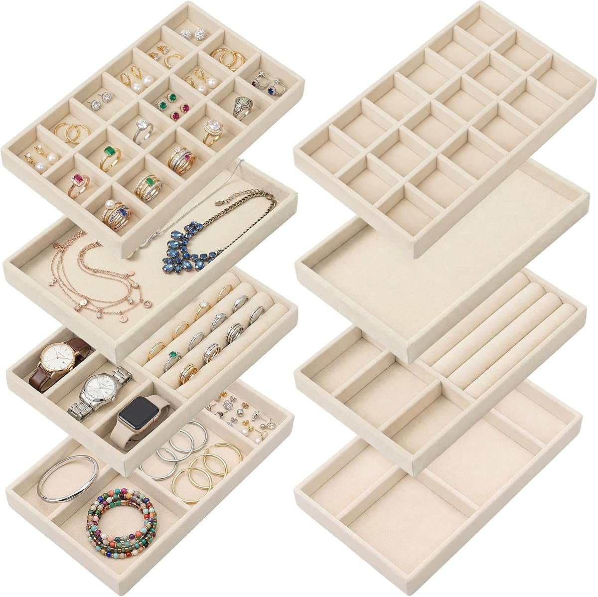Set of 8 Velvet Jewelry Trays, Stackable Jewelry Organizer | Jewelry Drawer Inserts Divided Display Trays for Earring, Necklace, Ring, Bracelet (4 Styles, Beige)