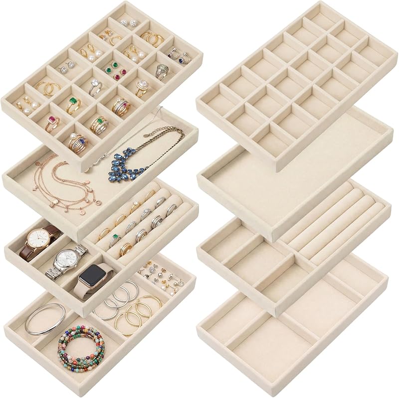 Set of 8 Velvet Jewelry Trays, Stackable Jewelry Organizer | Jewelry Drawer Inserts Divided Display Trays for Earring, Necklace, Ring, Bracelet (4 Styles, Beige)