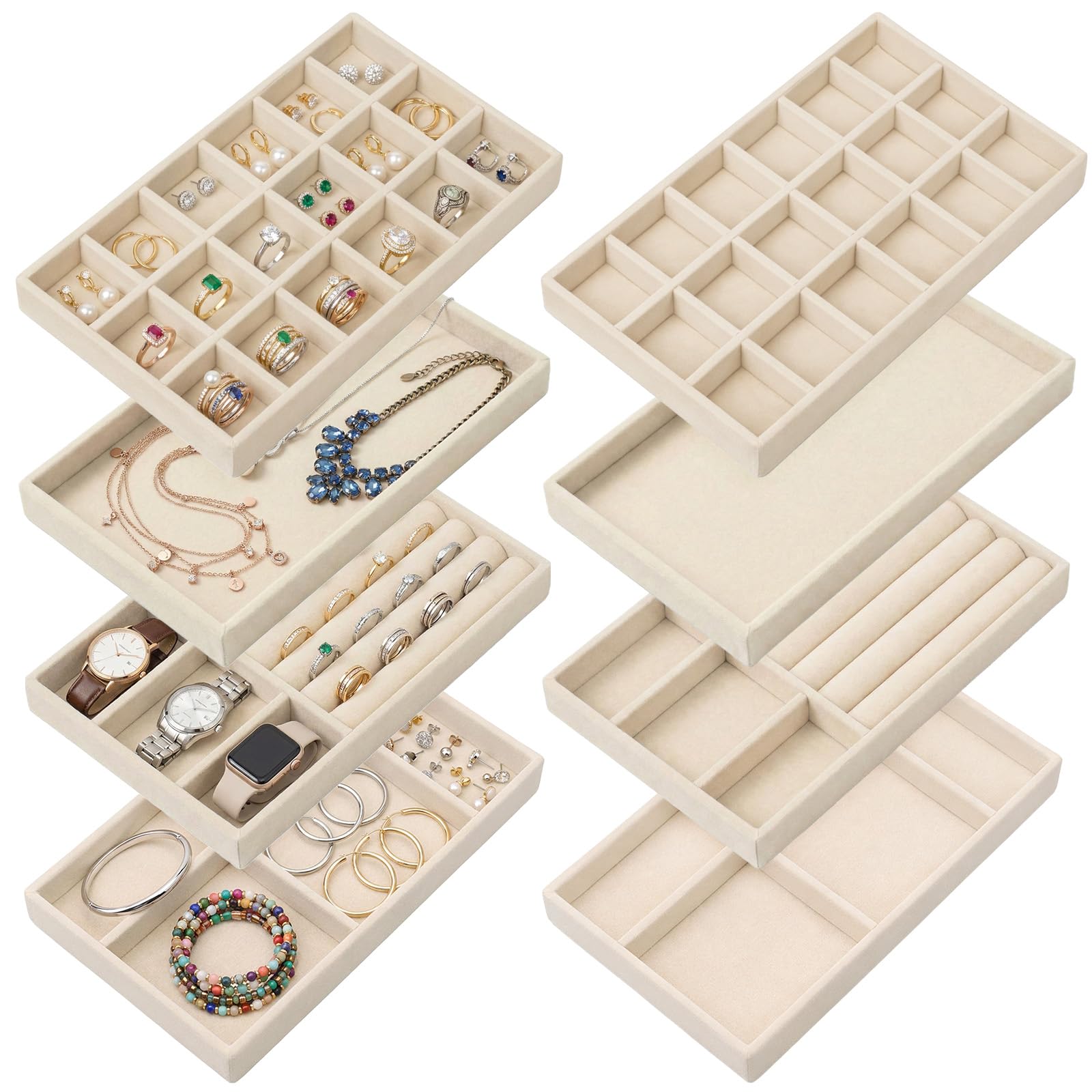 Plateau à bijoux empilable en velours beige pour bague et boucle d'oreille