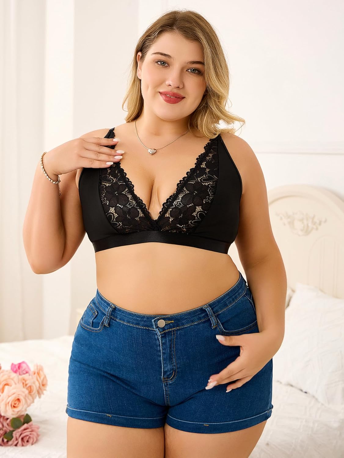 MakeMeChic Women's Plus Size Lace Bralette Wireless Bra Deep V Neck Full Coverage Sheer Bralettes - Image 6