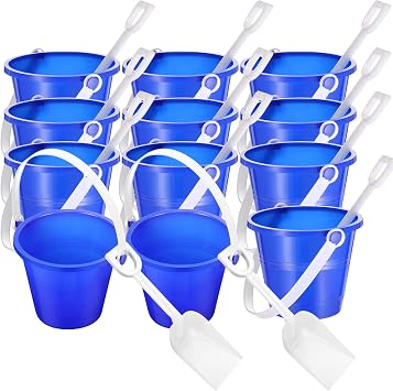 Didaey 12 Pack 4 Inch Beach Buckets and Shovels for Kids Sand Pails Plastic Sand Buckets Bulk Small Toy Pails at the Beach, Use for Toddlers Little GuysBlue