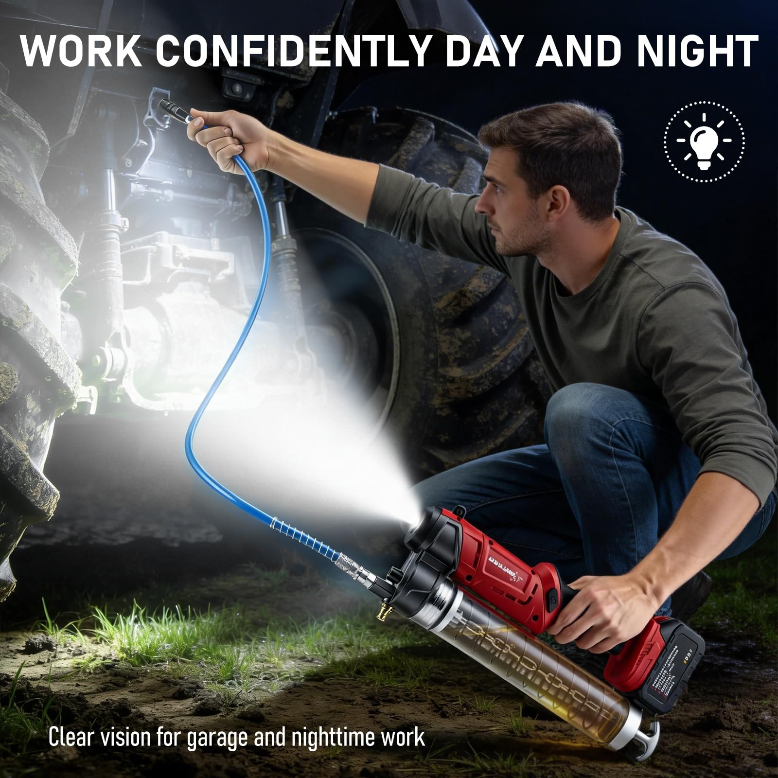 Juego de pistola de engrase con batería, 12000 psi, prensa de engrase eléctrica con 2 pilas de 4 Ah y cargador, capacidad de extracción de 5,3 oz/min, manguera e iluminación LED, desarrollada para