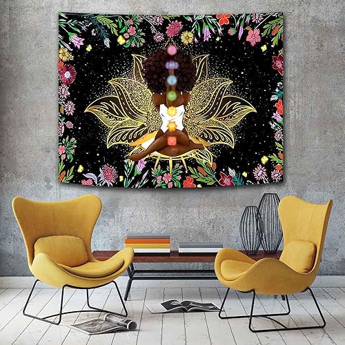 Ine Ive Tapiz de chakra africano, mujer afroamericana, tapiz de meditación zen de 40 x 30 pulgadas, tapiz de jardín con flores de cielo estrellado,