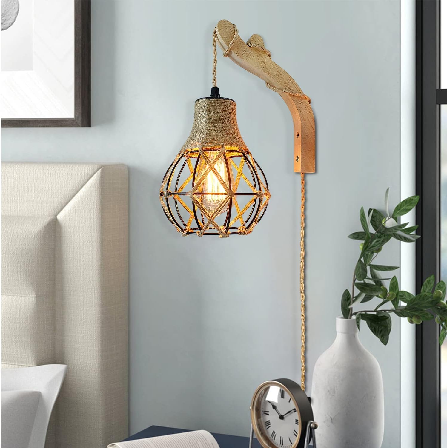 PUZHI HOME Wall Lamp with Plug in Cord Farmhouse Plug in Wall Light