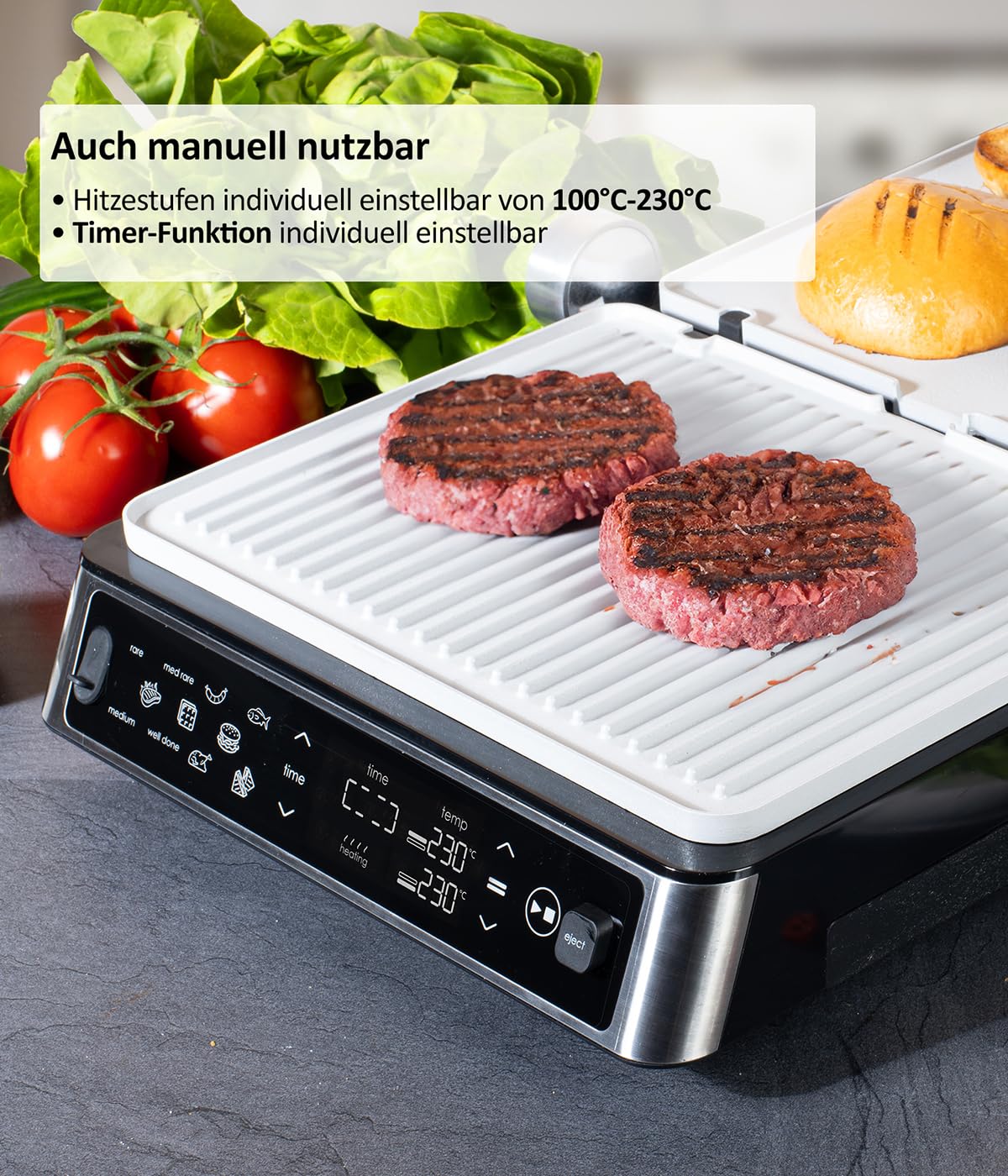 Genius Chef Kontaktgrill, Elektrogrill Edelstahl für Sandwiches Steak, abnehmbare Grillplatten, Sandwichtoaster, inkl. 2 Grillplatten, Set 6- tlg, Grau