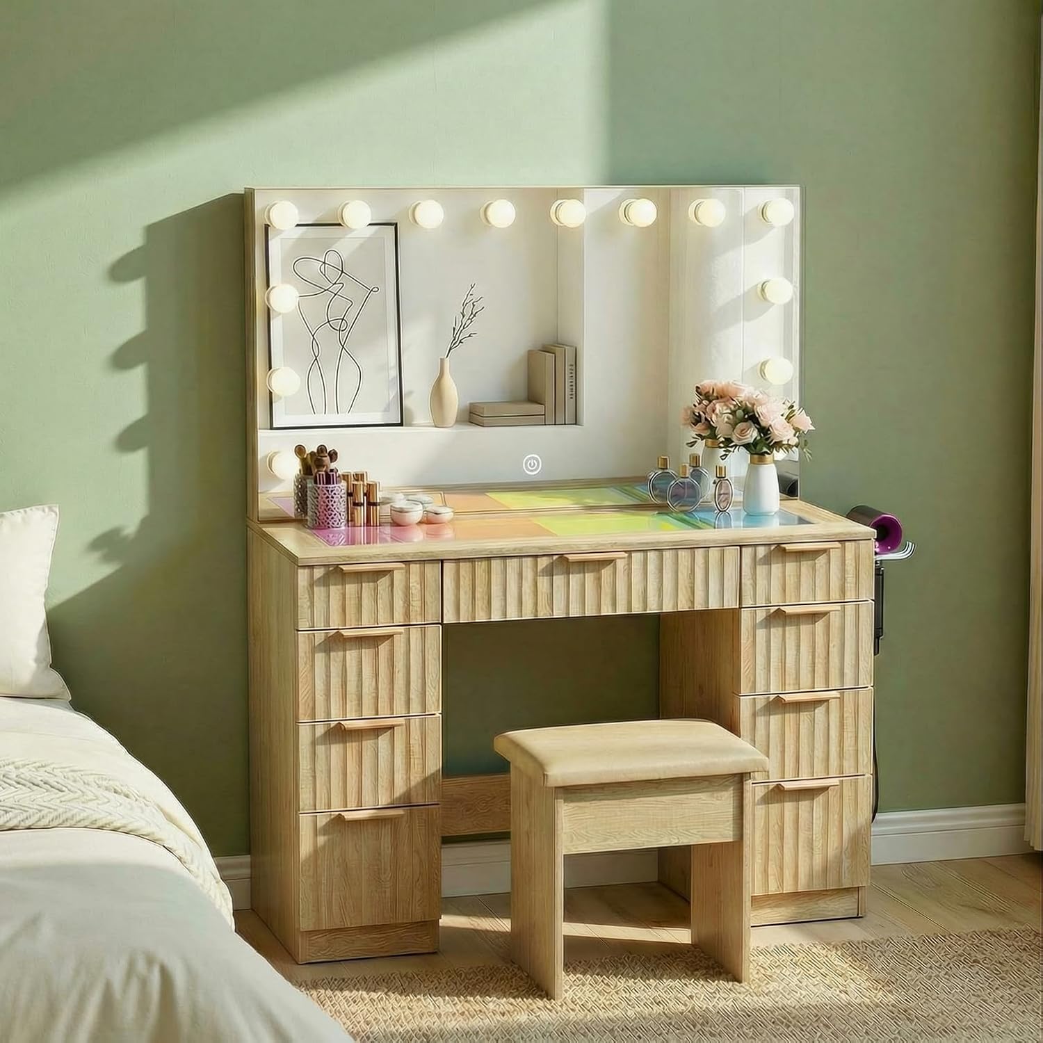 VOWNER Vanity with Mirror and Lights, 43" Makeup Vanity Desk with LED Light, Glass Top Vanity with RGB Drawers, 3 Color Lighting Modes Adjustable Brightness, Makeup Table for Bedroom, Oak