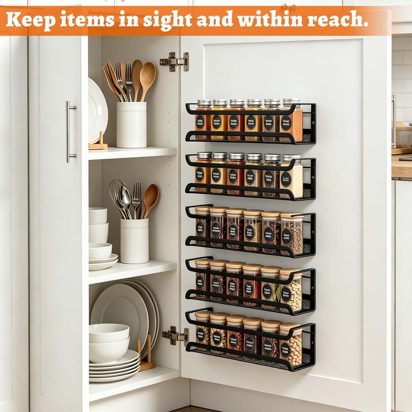 YOUNTHYE Paquete de 8 especieros montados en la pared, estante de especias para armario interior con 8 ganchos, calcomanías adhesivas y tornillos, para almacenamiento en puerta de cocina