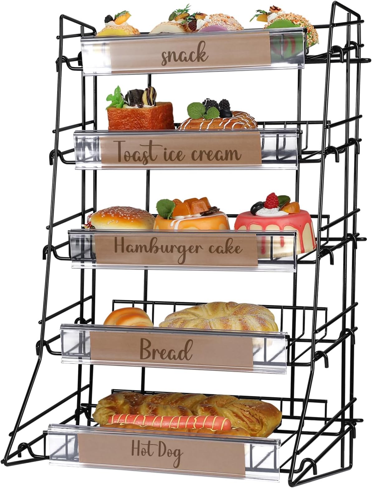 Lallisa 5 Tier Candy Display Rack 21.85 x 15 Inch Large Snack Organizer for Countertop Concession Stand Display Holder Portable Black Metal Shelf for Kitchen Store Home Theater Office Storage