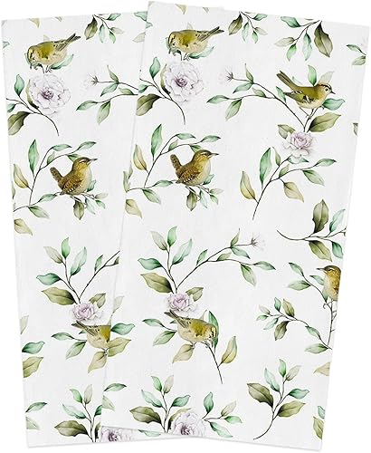 Paquete de 2 toallas de cocina y paños de cocina, acuarela verde plantas, hojas, flores, pájaros, 18 x 28 pulgadas, toallas de mano absorbentes de