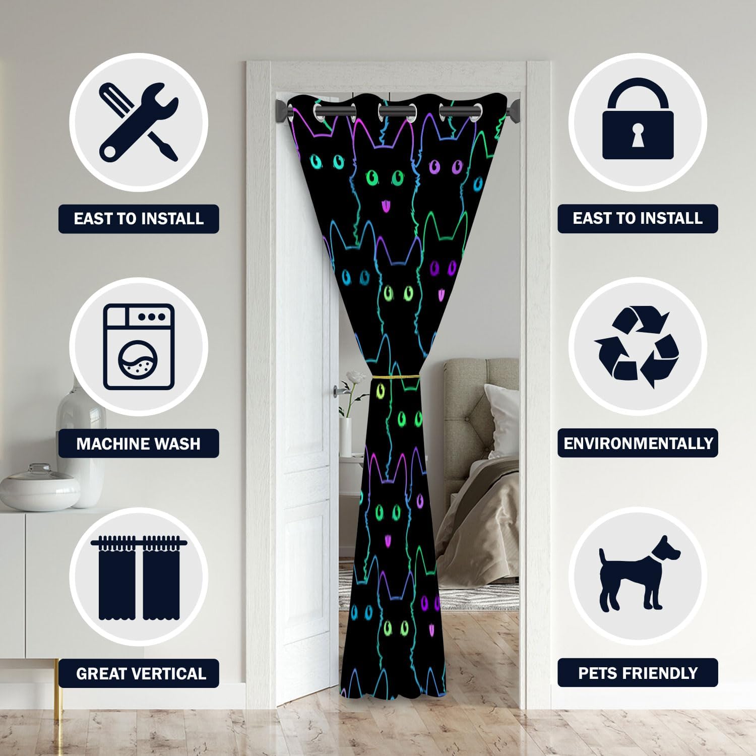 Cat Door Curtains for Doorways, Cartoon Cute Animal Funny Lovely Kitty Colorful Blackout Curtain for Kids Bedroom Closet, Grommet Thermal Insulated Privacy Door Drapes for Room Divider, 34"W x 80"L
