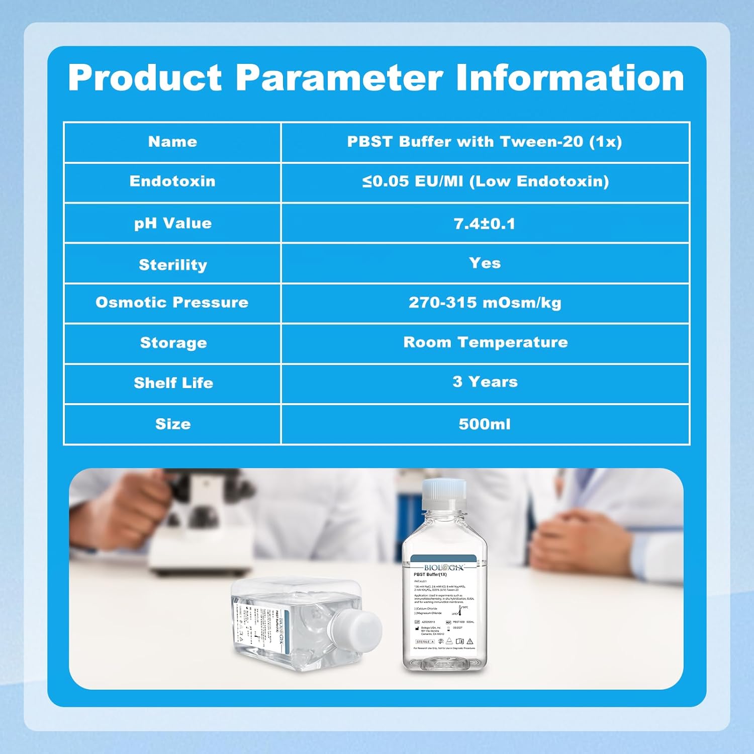 Phosphate Buffered Saline with Tween-20 (1×), Lab PBST Buffer, 0.1um Filtration Sterilized, 7.4 pH, Reay to Use, 500ml/Bottle, 2 Bottles/Case