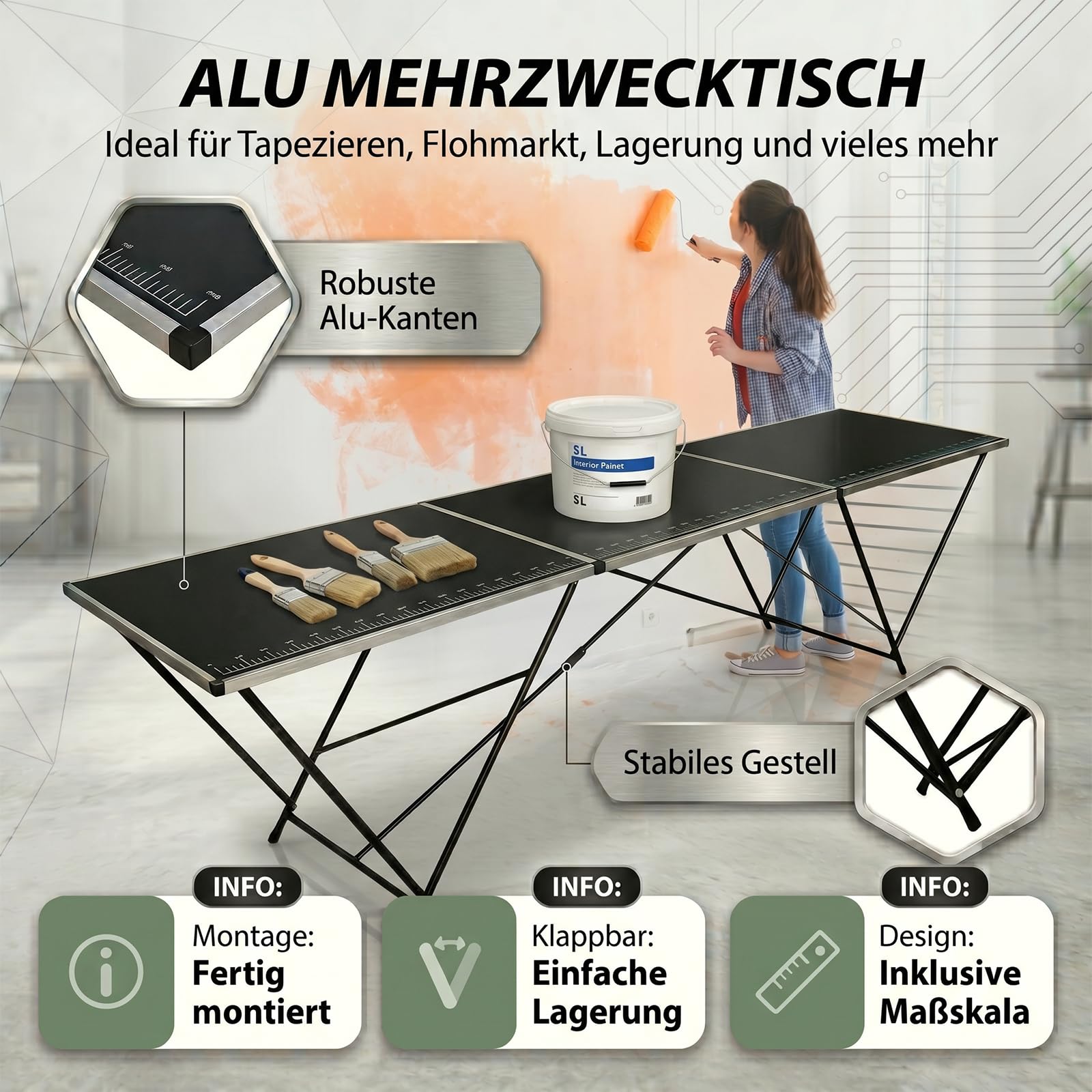 TRUTZHOLM Tapeziertisch klappbar aus Aluminium 300x60 cm | Mehrzwecktisch mit praktischer Messsskala | bis 30kg belastbar, stabile 3mm Dicke MDF-Platte