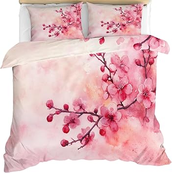 Cherry Blossoms Bedding Sets Full, Girl Pink Floral Comforter Cover, Japanese Florals Duvet Cover & Bedroom Decor, Zipper Closure, Reversible Print, Soft Microfiber Bedding Set & 2 Pillow Cases