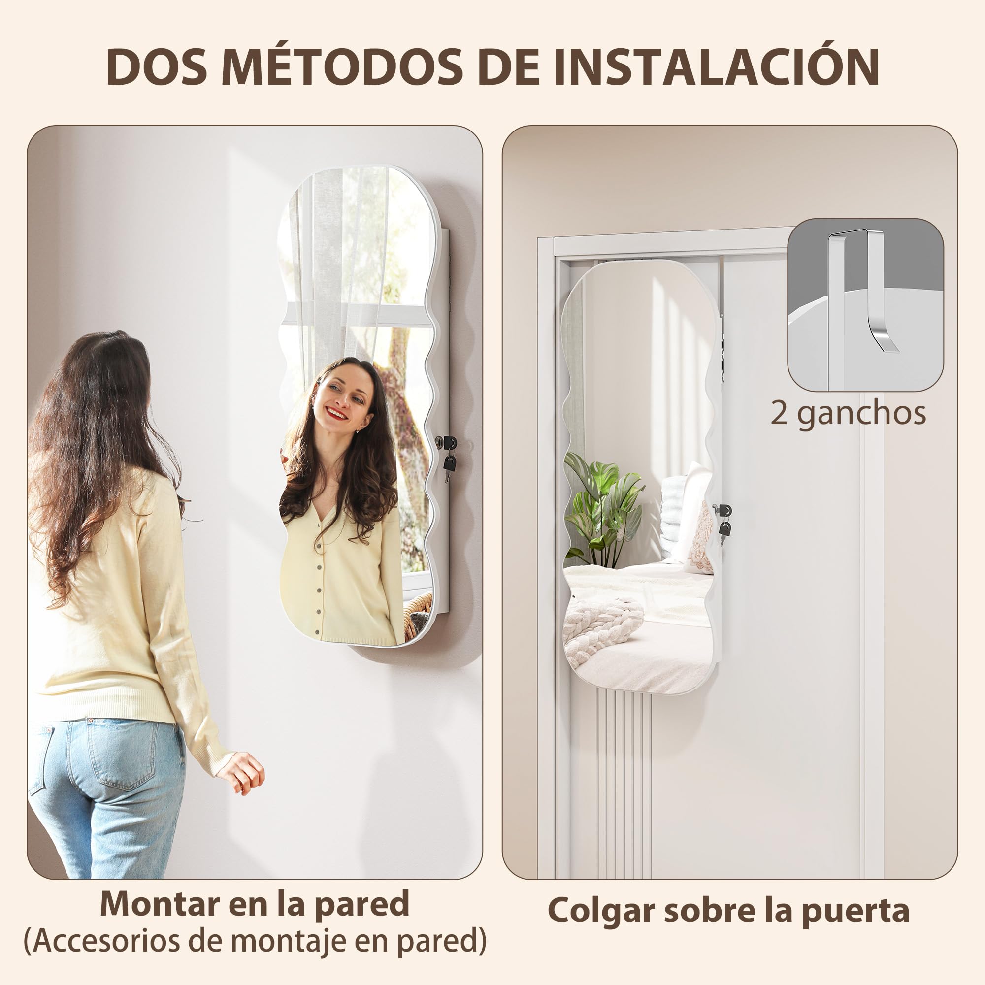 HOMCOM Espejo Joyero con Luz LED 3 Colores, Armario para Joyas Montado en Pared, Espejo Entero, Blanco
