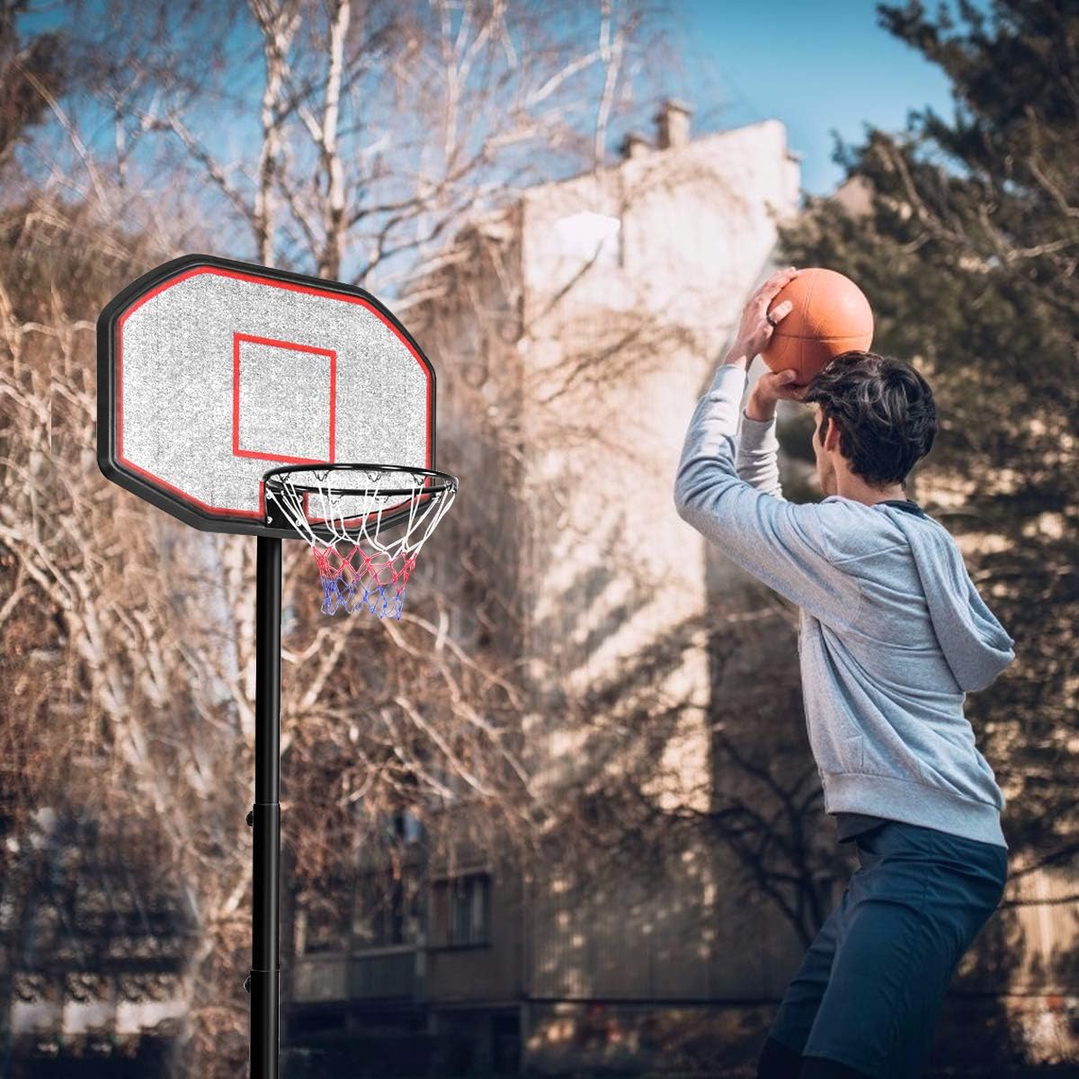 COSTWAY Canestro da Basket Regolabile in Altezza da 200 a 305 cm, Canestro da Basket da Esterno ed Interno Portatile con Base Riempibile e Ruote