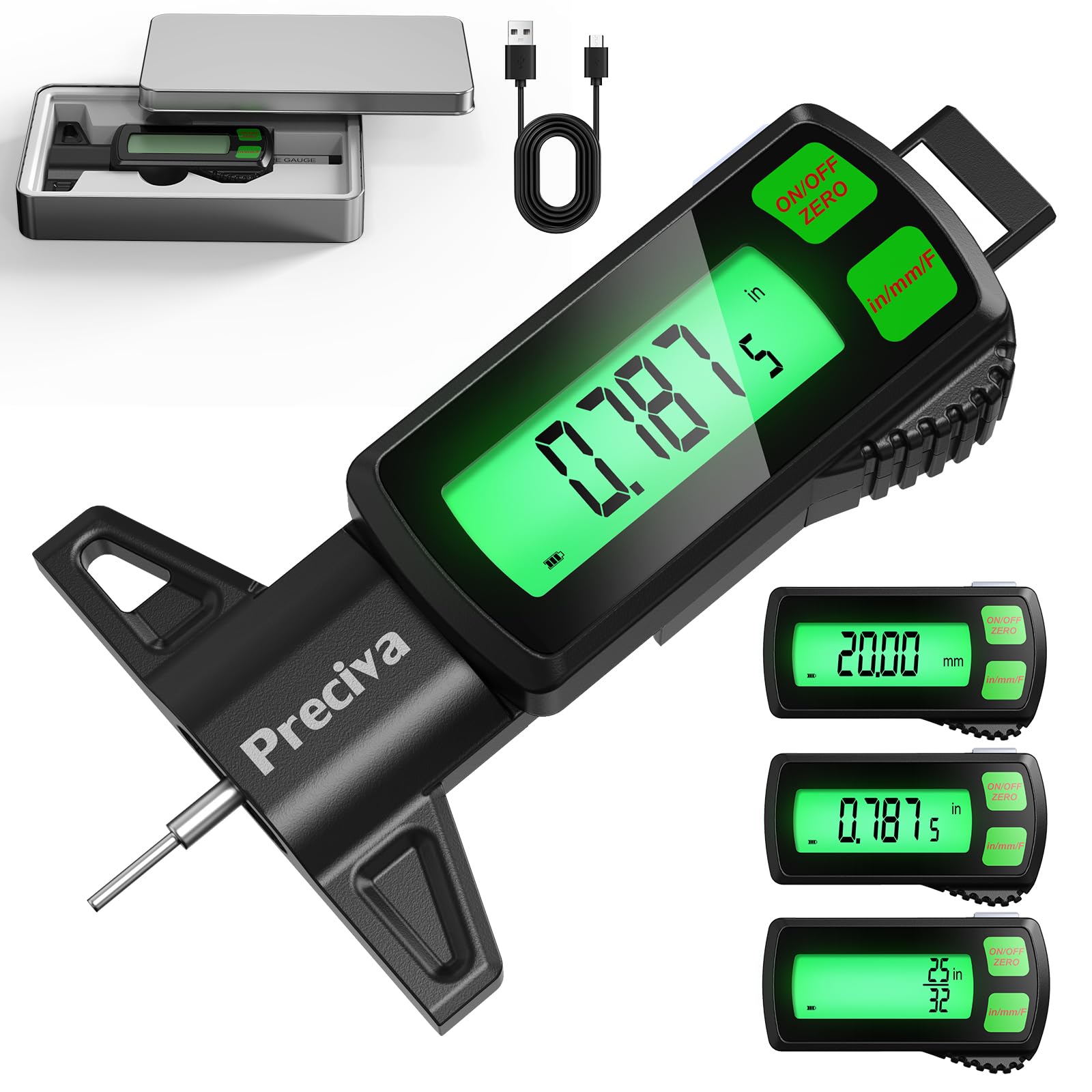 Preciva Rechargeable Tire Tread Depth Gauge, Touch Screen Digital Tire Depth Gauge with Lighting, in/MM/F Conversion, IP54 Waterproof, Auto Power Off, for Tread Depth, Brake Shoe and Pad Wear
