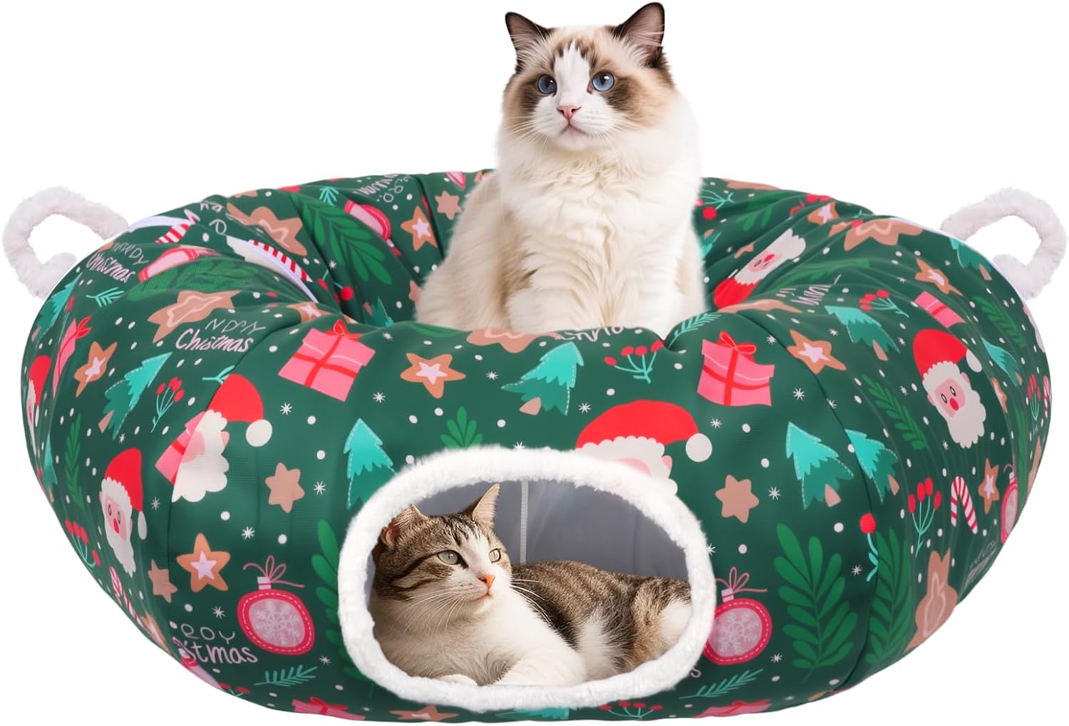 Christmas Tree Cat Tunnel, Soft Cat Tunnels for Indoor Cats with Middle Cushion, Cute Pet Donut Cave Bed Play Toys, Xmas Tree Decorations Protector Gifts