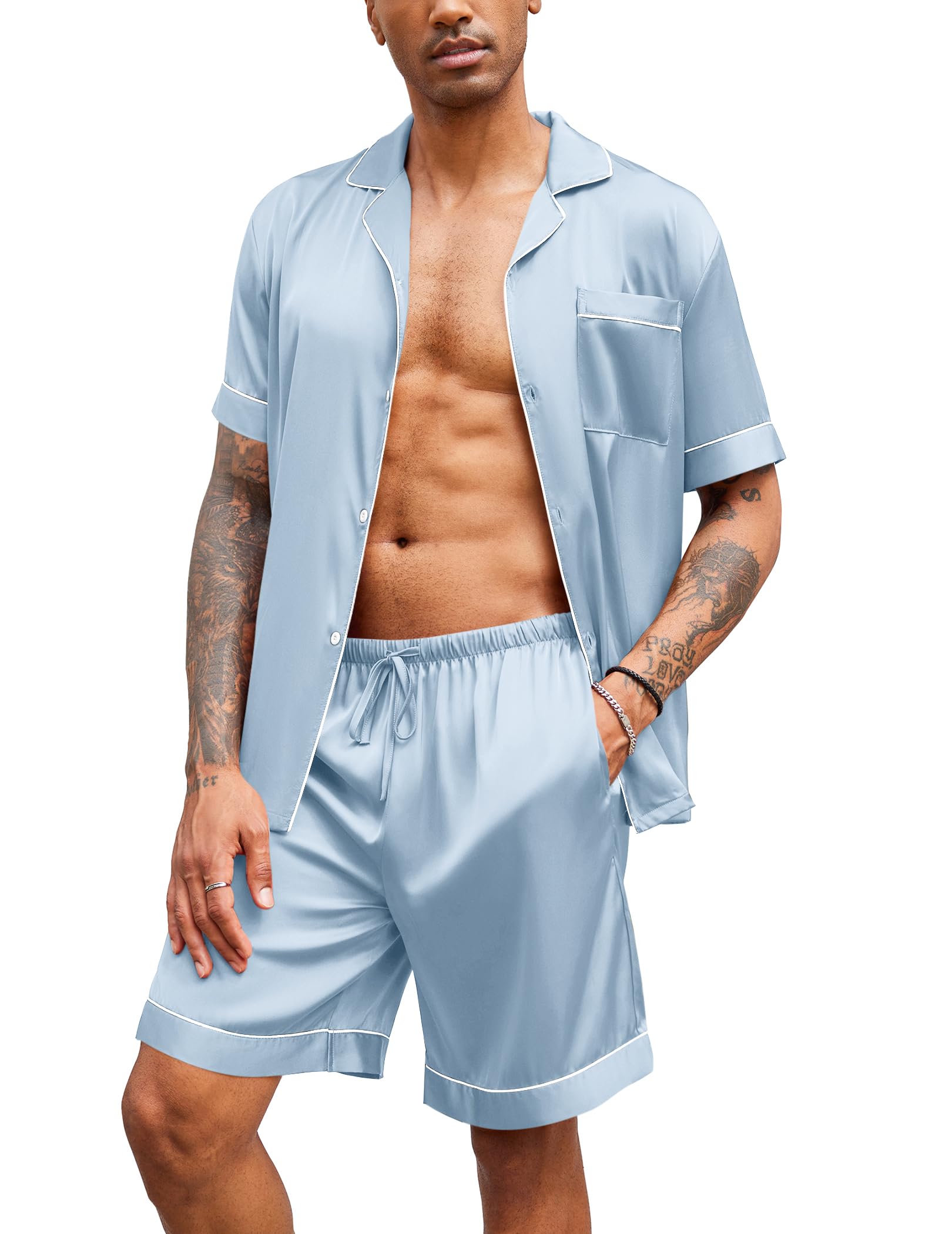 Ekouaer Mens Silk Satin Pajamas Set Short Sleeve Button Down 2 Piece PJs