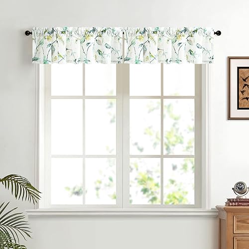 Miniatura 138 de VOGOL Cenefas con patrón de pájaros para ventanas de cocina, cenefa texturizada de lino con estampado floral y pájaros para ventanas pequeñas