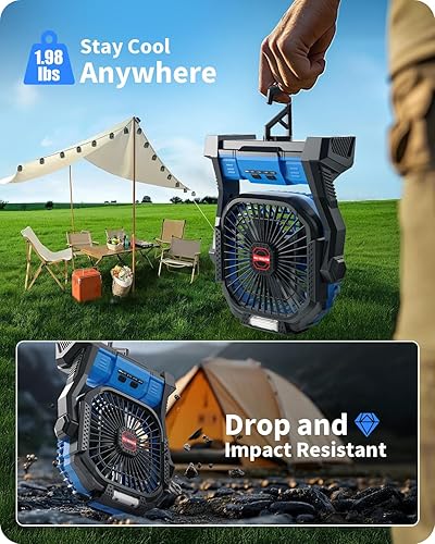 Miniatura 21 de Ventilador portátil con pilas, ventilador de campamento recargable de 20000 mAh con linterna LED, gancho para colgar, equipo de campamento