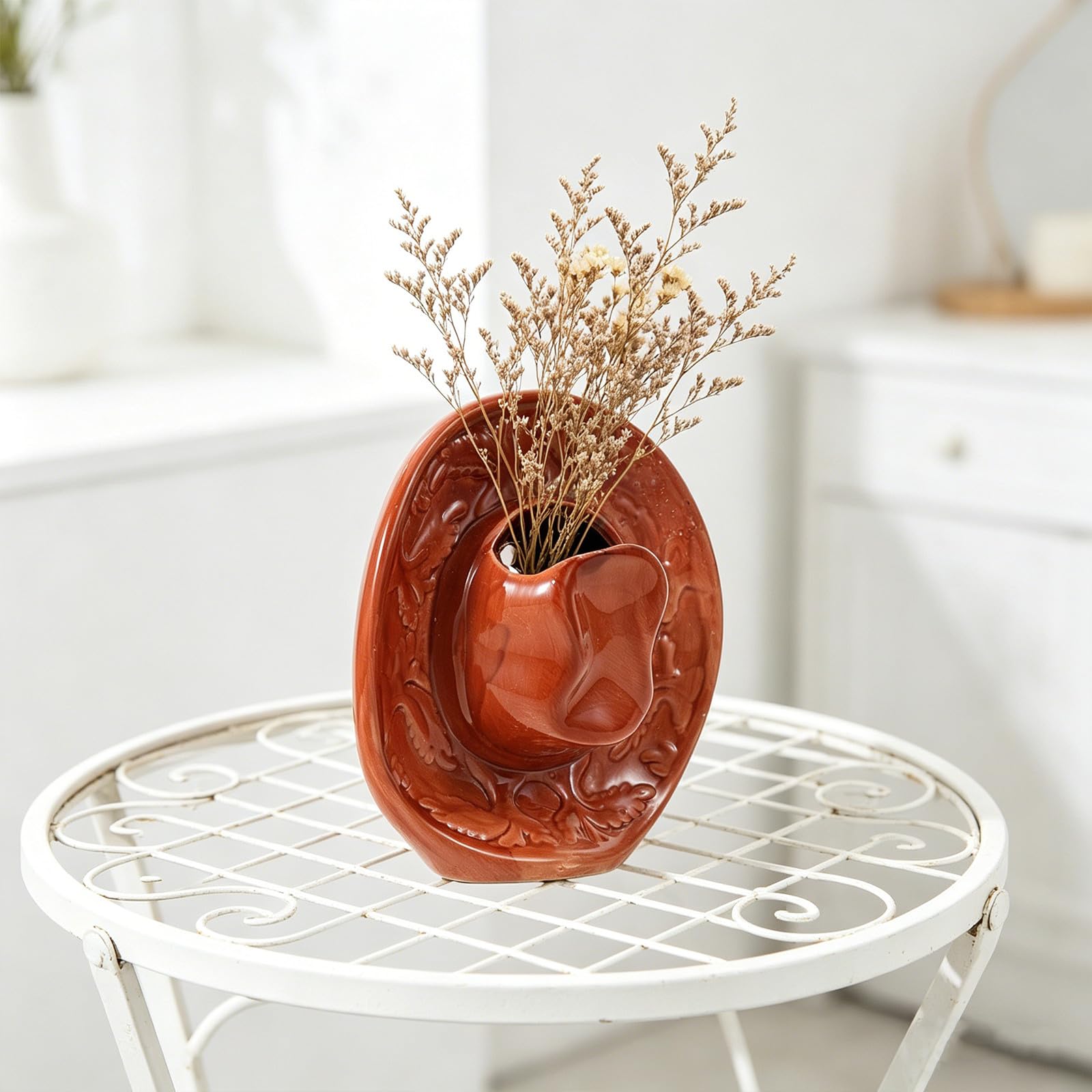 Keramikvase in Cowboyhutform für Hochzeitsdekoration, Wandpflanzgefäß für Kunstblumen, rustikale Boho-Regal- und Tischdekoration, Akzent im Westernstil