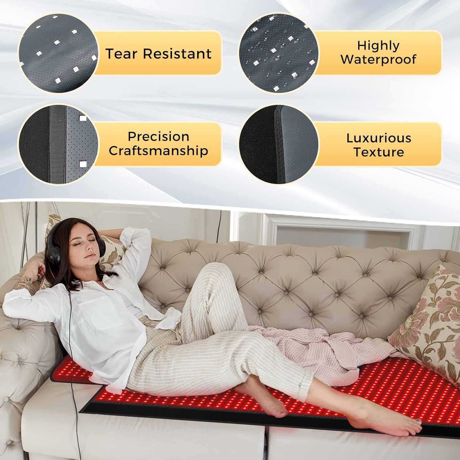 Tapis lumineux rouge de 195,6 x 86,4 cm pour le corps, couverture de lumière rouge, 1370 LED 2 en 1 (660 nm et 850 nm), cuir de qualité supérieure, 3 modes et minuterie réglable