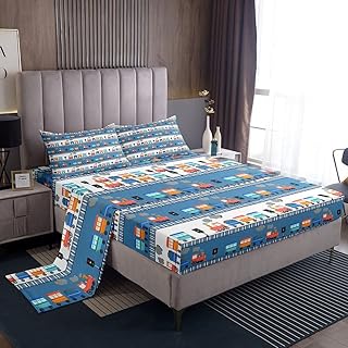 Erosebridal Kawaii Train Sheet & Pillowcase Sets Cute Steam Engine Bed Sheets for Kids Toddlers Construction Vehicles Sheet Set Full Cartoon Railway Flat Sheet Boys Car Theme Bed Cover 4pcs