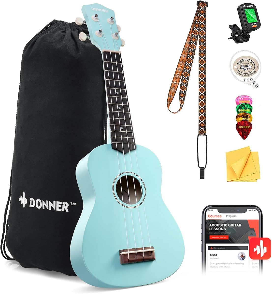 Donner Soprano Ukulele for Beginner 21 Inch Matte Ukulele Beginner Kit with Bag Strap Tuner Strings Picks Cloth, Free Online Lessons, Holiday Christmas & Birthday Gift (Cyan Blue)