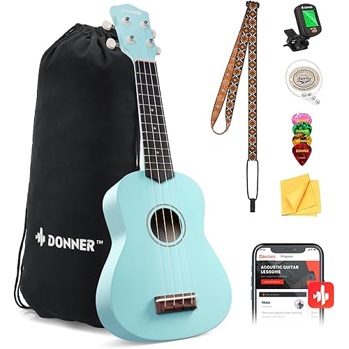 Donner Soprano Ukulele for Beginner 21 Inch Matte Ukulele Beginner Kit with Bag Strap Tuner Strings Picks Cloth, Free Online Lessons, Holiday Christmas & Birthday Gift (Cyan Blue)