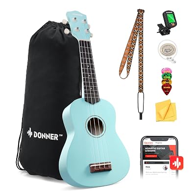 Donner Soprano Ukulele for Beginner 21 Inch Matte Ukulele Beginner Kit with Bag Strap Tuner Strings Picks Cloth, Free On