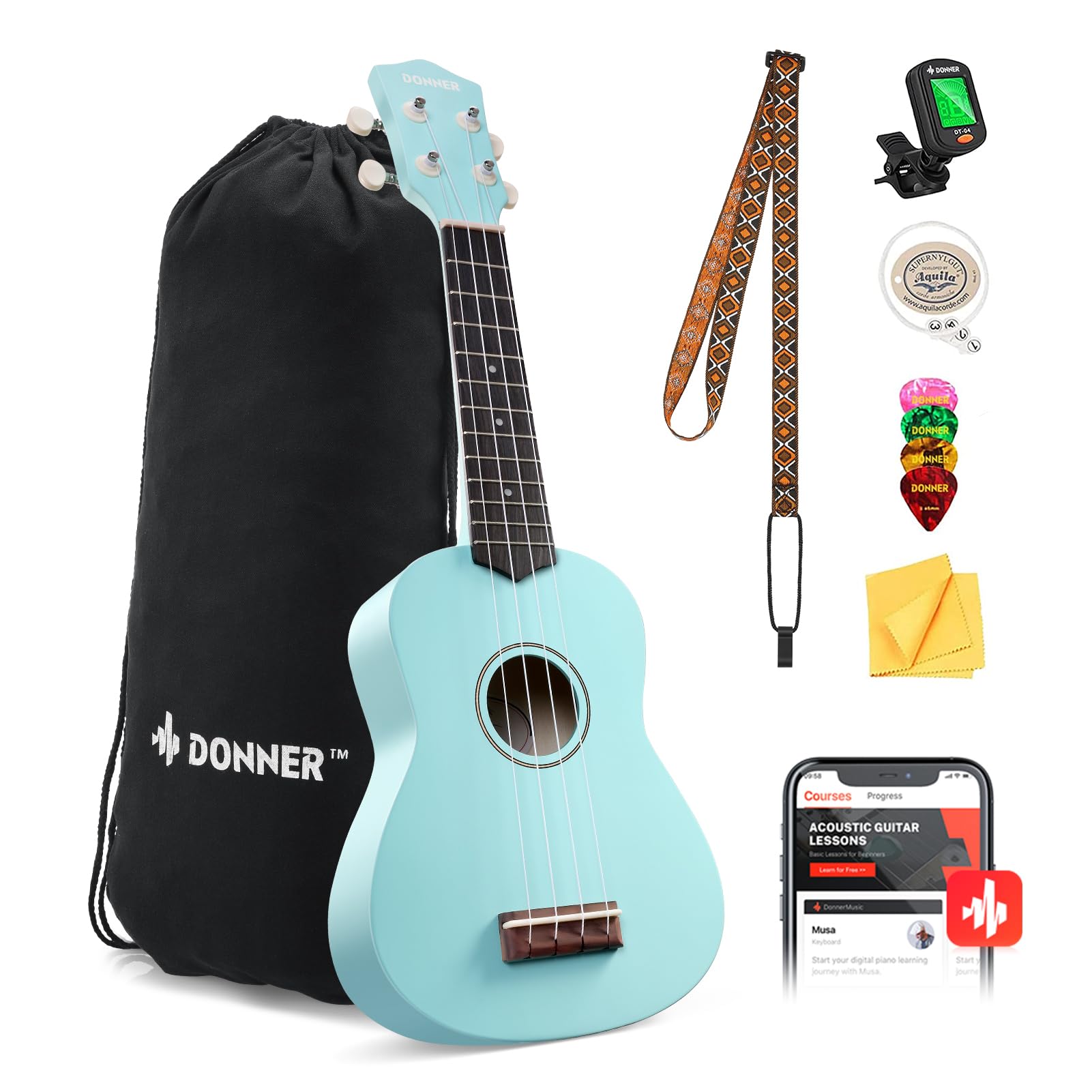 donner soprano ukulele for beginner 21 inch matte ukulele beginner kit with bag strap tuner strings picks cloth free online lessons holiday christmas amp birthday gift cyan blue