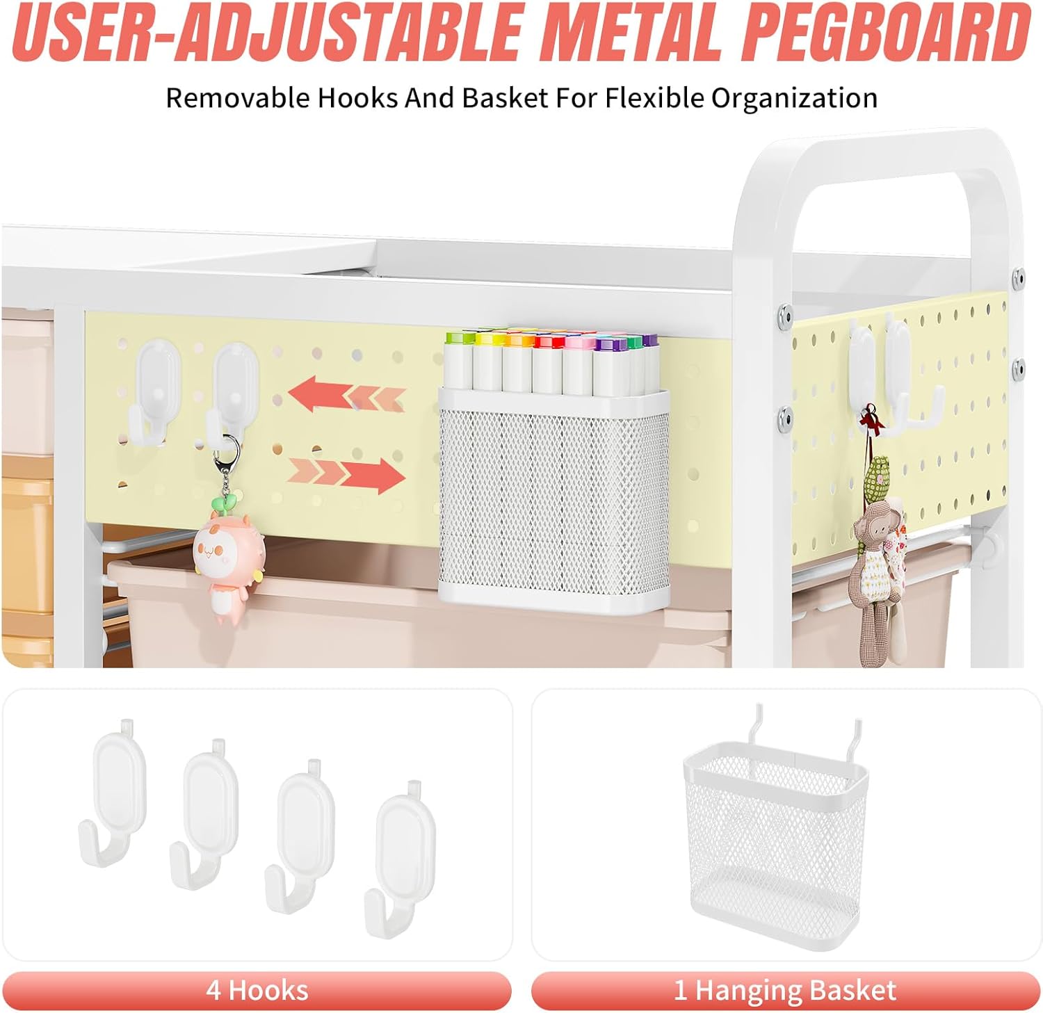Rolling Storage Cart with 14 Drawers, Storage Organizer Cart with Tabletop and Pegboard,Utility Cart for Living Room, Classroom, Bedroom,Bathroom,Dorm,Office (Rainbow)